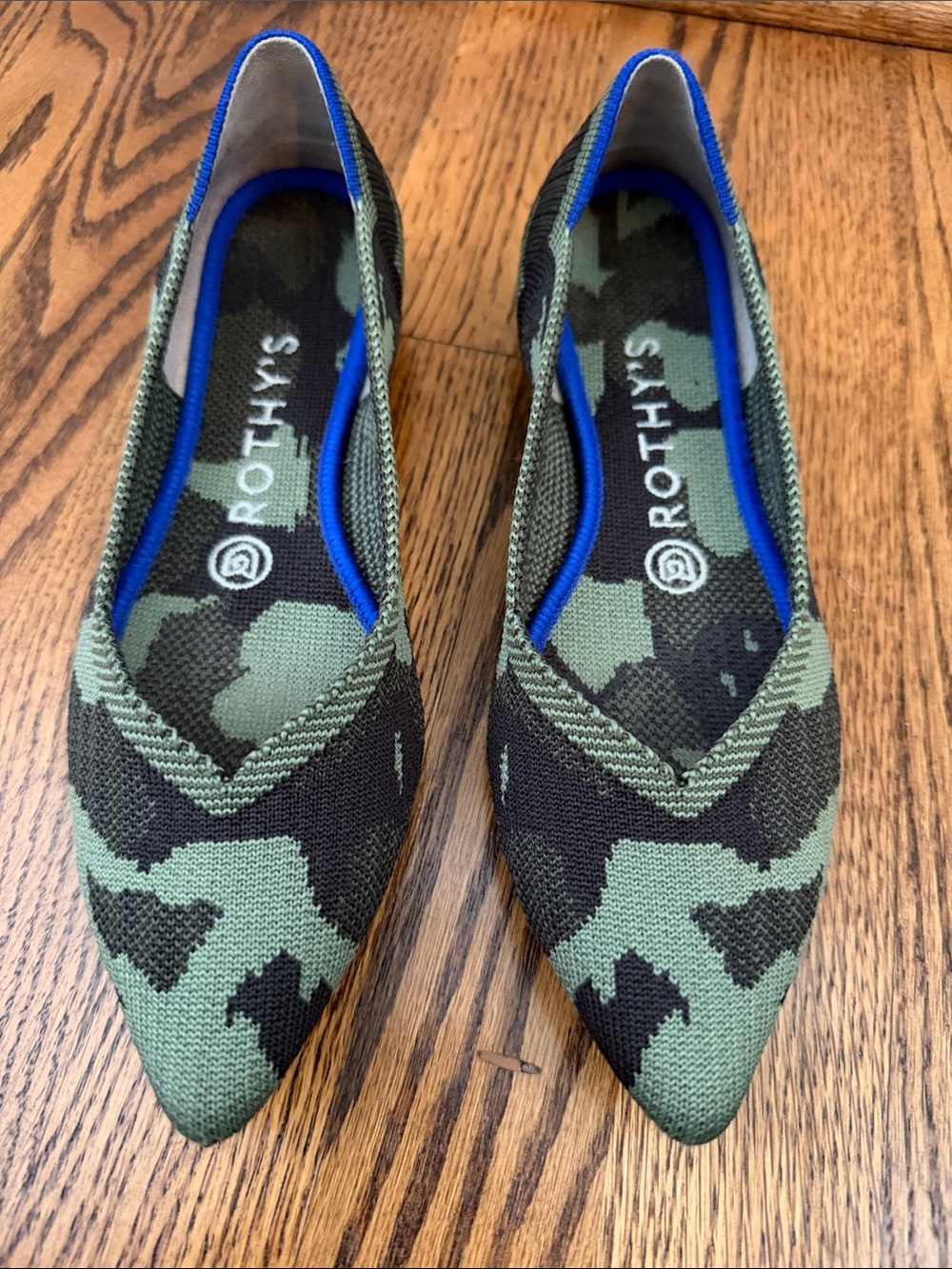 Rothy's Green and Black Camouflage Pointed Knit Flats